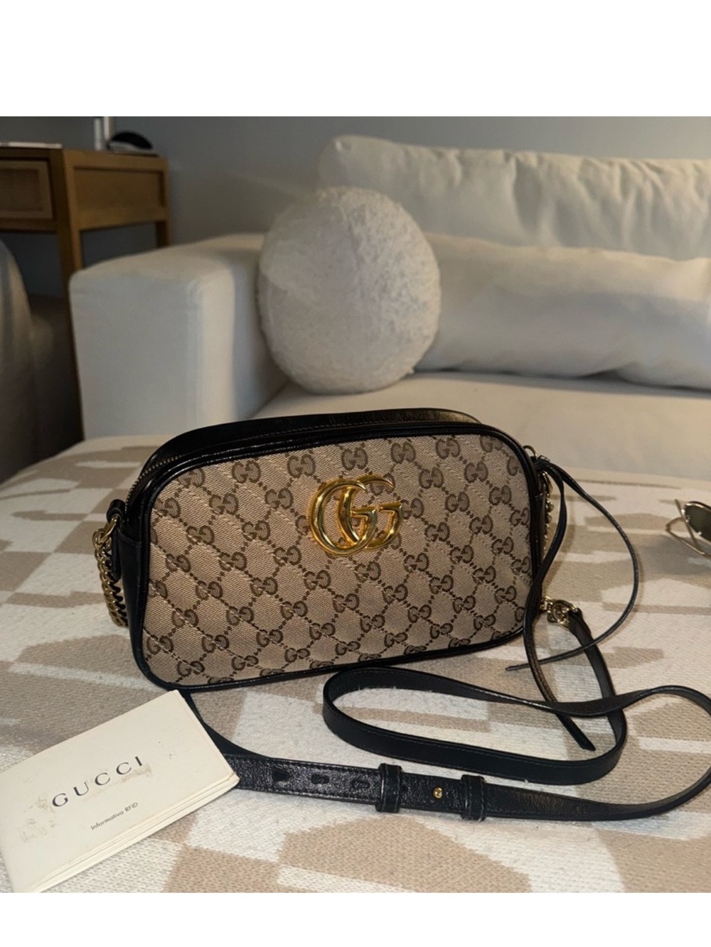 Gucci Beige GG Supreme Canvas Crossbody with Black Trim and Gold Hardware